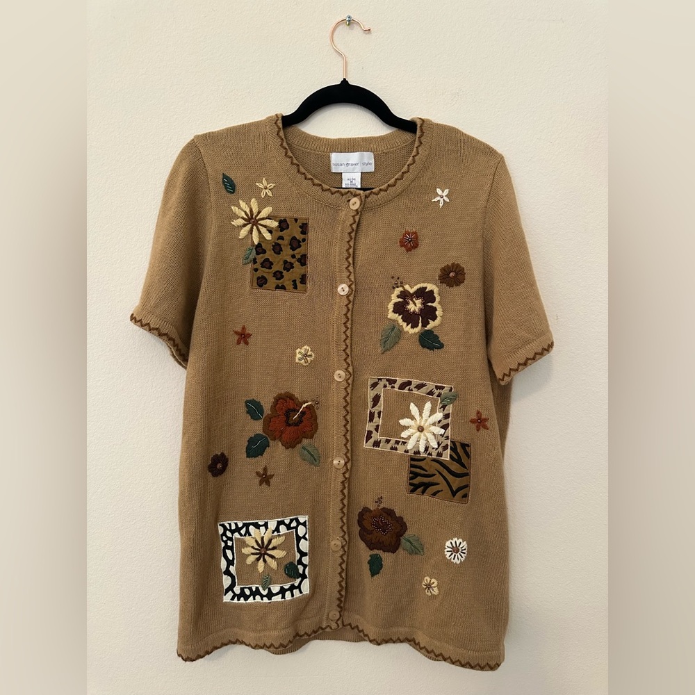 Vtg Susan Graver Brown Short Sleeve Cardigan Sz M Floral Appliqué Quirky Autumn
